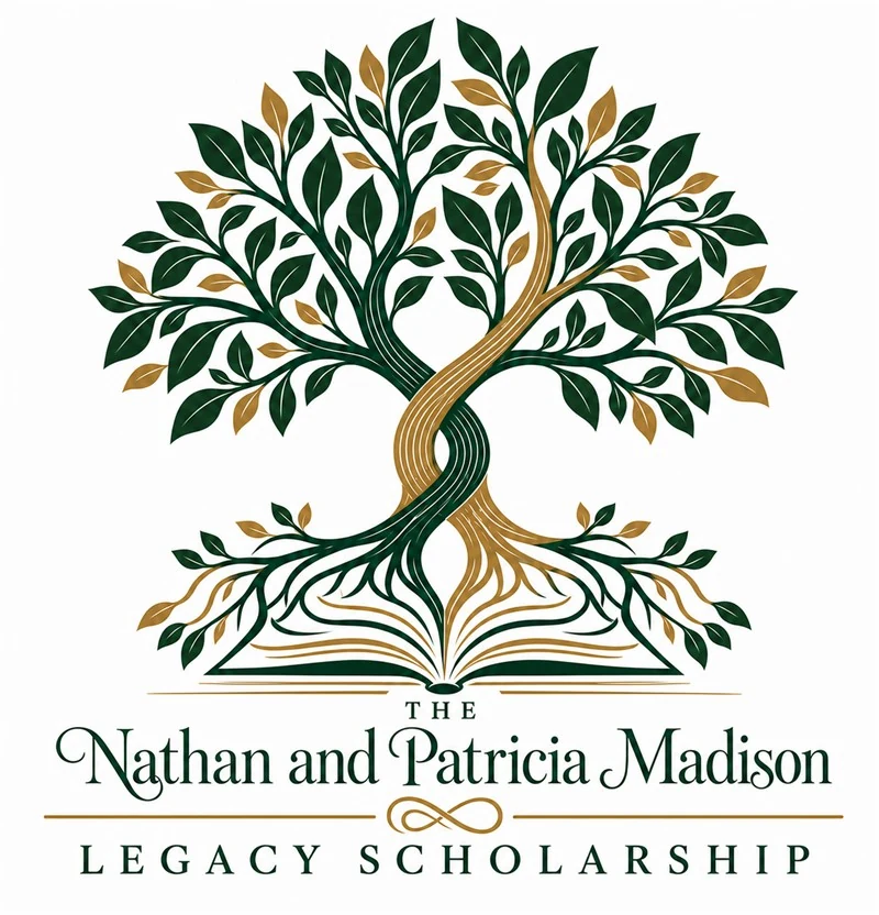 The Nathan and Patricia Madison Legacy Scholarship: a green and gold tree rooted in an open book